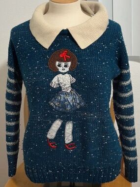 Vintage Coquette Blue Knit Sweater Doll Appliqué Peter Pan Collar Striped Sleeve